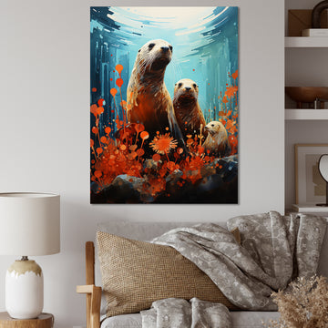 Teal Orange Marine Animals Curious Sea - Marine Animals Canvas Wall Art